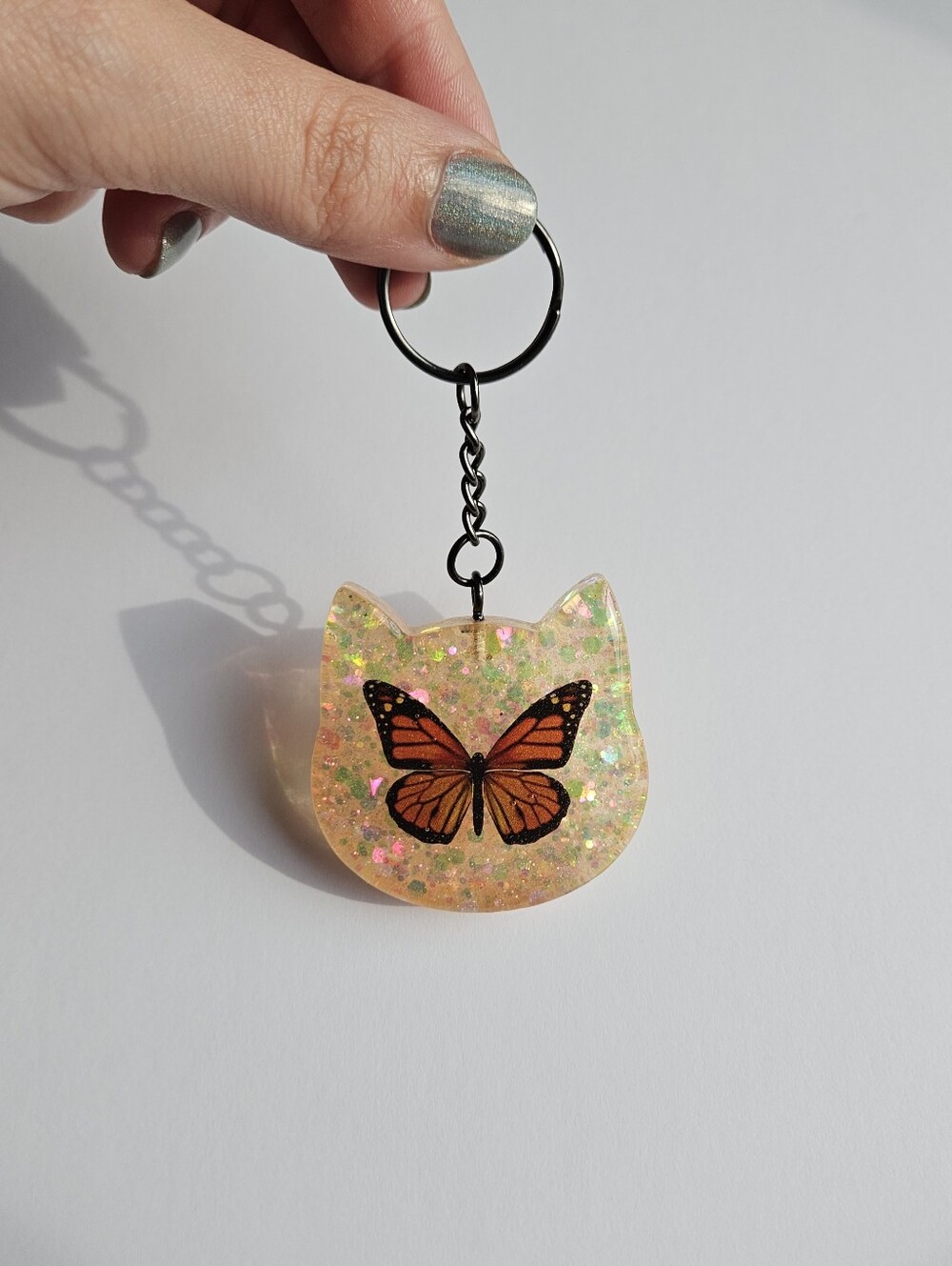 Handmade Cat Resin Keychain With Monarch Butterfly And Orange Glitter